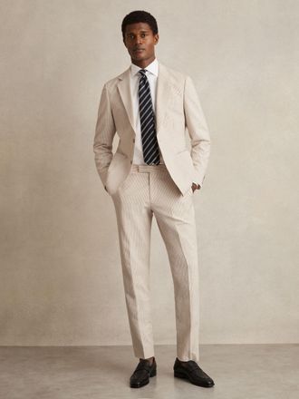 Reiss Oatmeal & white Seersucker Slim-fit Suit Trousers, 34