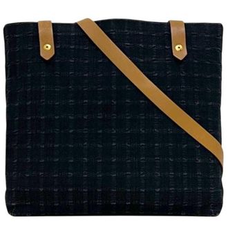 Herm&egrave;s Navy Cotton Canvas Leather Shoulder Bag Tote Bag (Pre-Owned)