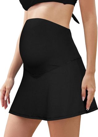 SHEKINI Maternity Tennis Golf Skirts Over Belly A-Line Skirt with Pockets Built-in Shorts High Waisted Sports Running Skirt Black