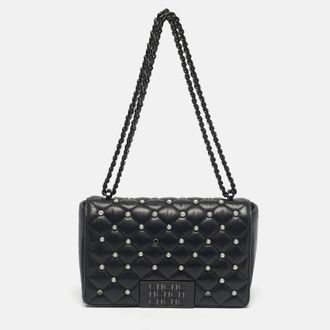 Carolina Herrera Black Quilted Leather Pearl Studded Flap Chain Shoulder Bag