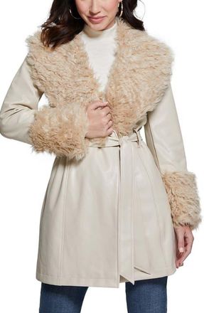 Guess Faux Leather & Faux Fur Coat in White at Nordstrom, Size Small