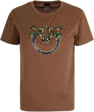 Pinko T-shirt met ronde hals - Dames - T-shirts - Bruin - S - Katoen - Tops