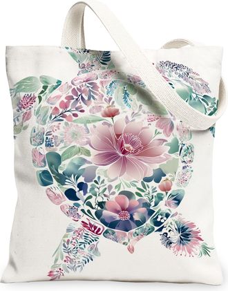 Generic Floral Canvas Tote Bags, Elegant Flower Design Lightweight Reusable Grocery Bags, Vintage Washable Shoulder Strap Canvas Fo, White, 13x15 Inch