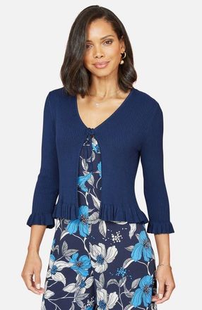 Yumi Tie Up Ribbed Frill Hem Cardigan in Navy at Nordstrom, Size Medium