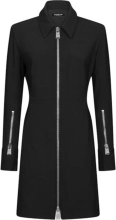 Dondup Kleedjes, Dames, Zwart, S, Polyester, Slim-Fit Korte Jurk met Rits aan de Voorkant