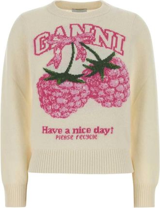 Ganni Logo Sweater Met Frambozenprint - Dames - Ronde hals truien - Wit - L - Wol - Truien & Vesten