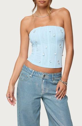 Edikted Lexah Crystal Embellished Mesh Corset Top in Light-Blue at Nordstrom, Size X-Small