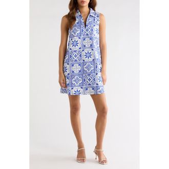 Sugarlips Arbor Tile Lexya Cotton Shift Dress in White-Blues-Combo at Nordstrom, Size X-Large