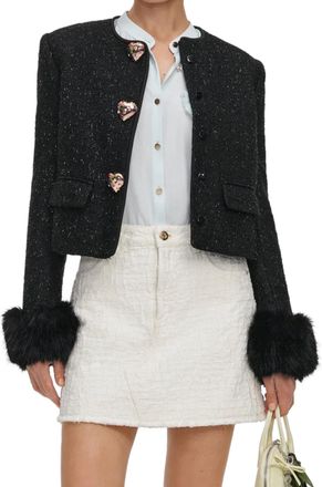 Self Portrait Cropped Black Boucle Jacket with Plush Fur Cuffs