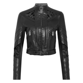 Philipp Plein Jassen, Dames, Zwart, S, Leer, Leren Getailleerde Biker met Kant