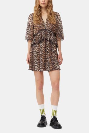 Ganni Leopard Pleated Georgette V-neck Flounce Mini Dress - Size 32 Brown