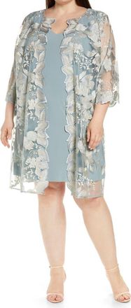 Alex Evenings Embroidered Lace Mock Jacket Cocktail Dress in Ice Sage at Nordstrom, Size 18W
