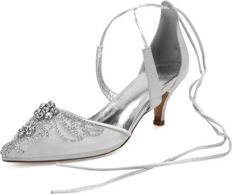 Generic Wedding Bridal Shoes Womens Slingback Bridal Heels Wedding Pumps Ankle Strap Pointed Toe Kitten Heels Dress Shoes 6Cm,Silver,3 UK