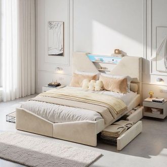 OEM Cama Doble Para Adultos - 140&times;190 Cm - Cajones Laterales Y Nicho Triangular - Cabecero De Terciopelo Beige - Led 7 Colores Y Cargador Qi