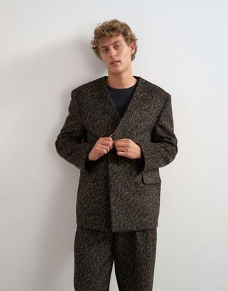 Topman blazer oversize senza colletto doppiopetto con stampa leopardata marrone