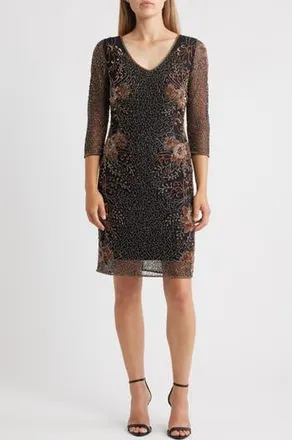 Pisarro Nights Beaded V-Neck Cocktail Dress in Black/Copper at Nordstrom Rack, Size 16