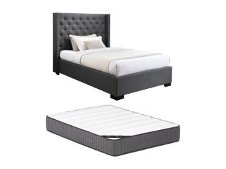 Vente-Unique Cama de 120 x 200 cm con cabecero capiton&eacute; - Tela - Gris + Colch&oacute;n - MASSIMO