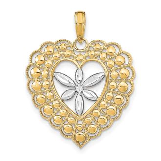 Diamond2Deal 14k Yellow Gold Rhodium Flower Beaded Heart Charm