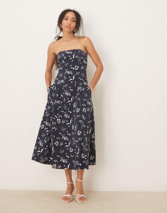 Abercrombie & Fitch Vestito midi svasato senza spalline blu a fiori-Rosso