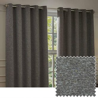 Riva Paoletti Galaxy Velvet Chenille Eyelet Curtain Pair in Charcoal | Size: 168 cm width x 229 cm drop