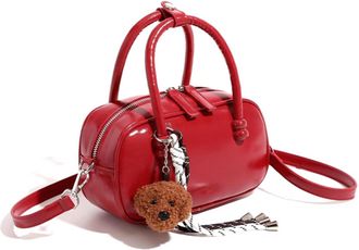 Generic Women PU Leather Bowling Shoulder Bag with Zipper for School Work Travel (Red)