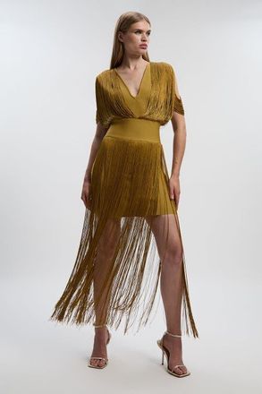 Karen Millen Bandage Knit Fringe Detail Dress in Gold at Nordstrom, Size X-Small