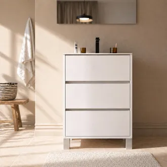 Aurlane Pack Mueble De Ba&ntilde;o 50cm Blanco Lacado 3 Cajones Con Lavabo De Cer&aacute;mica
