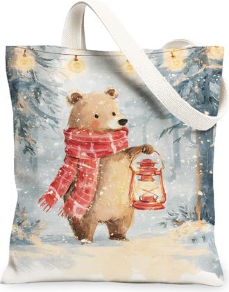 Generic Bear Canvas Tote Bags, Cute Animal Pattern Reusable Shopping Bags, Fanciful Winter Art Lightweight Washable Canvas for Gym Outdoor Travel Beach Picnic