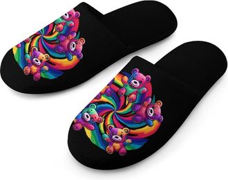 Generic Tie-Dye Candy Bears Mens Slippers Warm Non-Slip Houes Shose Spa Slipper for Home Bedroom