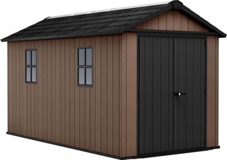 Keter Newton + 7513/1375 - Caseta De Jard&iacute;n 413x246x230 Cm Con 2 Puertas Para Almacenamiento De Herramientas, Acabado Efecto Madera Evotech+ En Resina Marr&oacute;