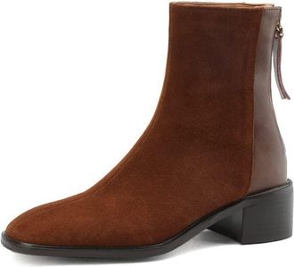 TinaCus Womens Square Toe Suede&Genuine Leather Hnadmade Back Zipper Low Chunky Heels Casual Ankle Boots, Brown, 5 UK