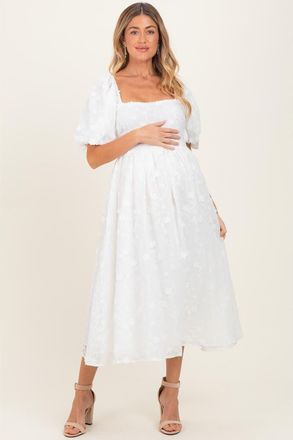 Pinkblush Embroidered Floral Puff Sleeve Midi Dress in Ivory at Nordstrom, Size Medium