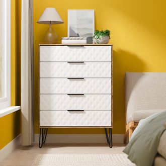 Lewis's Harlequin 5 Drawer Chest in White Matt & Vintage Oak - Ready Assembled - Lewiss Home | TJ Hughes