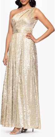 Betsy & Adam One-Shoulder Foil Flower Gown in Champagne/Gold at Nordstrom, Size 14