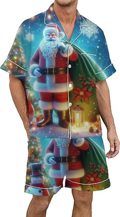 Generic Mens Christmas Printed Silk Satin Pajama Set Short Sleeve Button Up Wear Holiday Sleepwear Comfortable Lightweight (Dark Blue, XL)