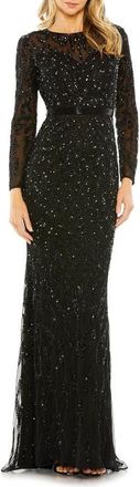 Mac Duggal Abstract Beaded Long Sleeve Evening Gown in Black at Nordstrom, Size 10