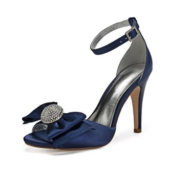 Generic Wedding Shoes Womens High Heels Satin Bridal Shoes Open Toe Stiletto Sandals Ankle Strap Prom Party Dress High Heel 10.5Cm,Dark Blue,3 UK