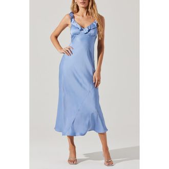 ASTR the Label Zoie Ruffle Neck Satin Slipdress in Sky Blue at Nordstrom Rack, Size X-Small