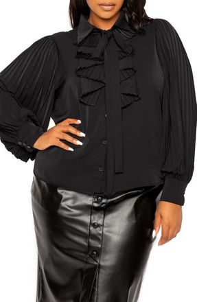 Buxom Couture Tie Neck Pleated Sleeve Top in Black at Nordstrom, Size 1 X