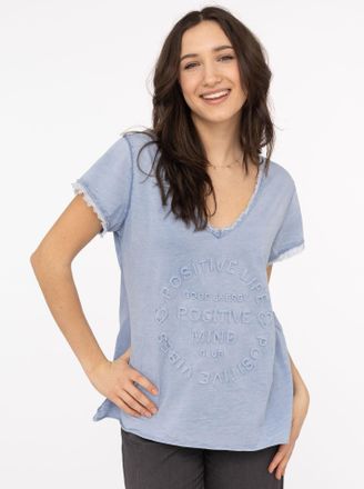 Zwillingsherz T-Shirt ZWILLINGSHERZ Positive Mind, Damen, Gr. L/XL (L/XL), blau (jeans), Stoff, Obermaterial: 100% Baumwolle, h&uuml;ftbedeckend, V-Ausschnitt, Shirts T-
