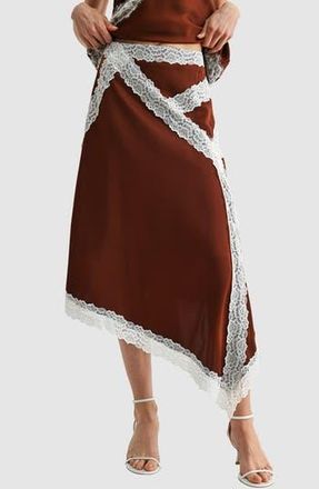 Lush Lace Trim Asymmetric Satin Midi Skirt in Brown Cream at Nordstrom Rack, Size X-Small