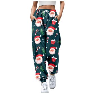 Generic Christmas Joggers for Women UK Funny Graphic Print Holiday Sweatpants High Waist Baggy Trousers Oversized Xmas Drawstring Jogging Pants Ladies Gym Wal