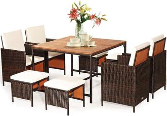 Costway Set De Comedor Jardin Con 9 Piezas, 1 Mesa De Comedor Madera Acacia, 4 Sillones De Mimbre Y Otomanas, Cojines Removibles, Conjunto Mesa Y Sillas Jardi