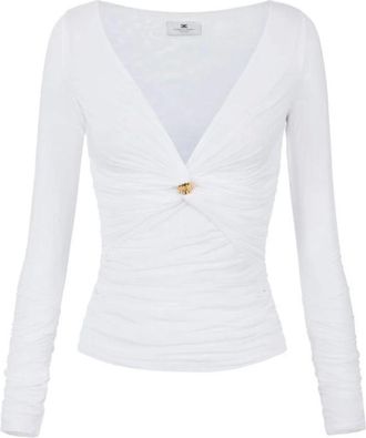 Elisabetta Franchi Overhemden, Dames, Wit, M, Jersey Top met Juweeldetail