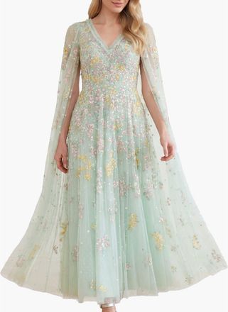 Needle & Thread Versailles Ditsy V-Neck Cape Maxi Gown in Sea Mist/pale at Nordstrom, Size 10