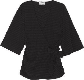 Ganni V-neck seersucker tied blouse - women - Nylon/Recycled Polyester/Elastane - 34 - Black