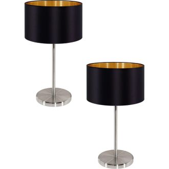Loops 2 PACK Table Lamp Colour Satin Nickel Steel Shade Black Gold Fabric E27 1x60W in Metallics