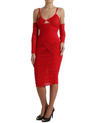 Dolce & Gabbana Womens Red Nylon Stretch Cut Out Midi Dress Elastane