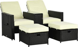 OUTSUNNY Recliner Rattan Sun Lounger w/ Storage Tea Table & Footstools - Balck | TJ Hughes