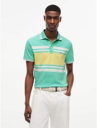 Tommy Hilfiger Mens Slim Fit Block Stripe Stretch Pique Polo - Green - XXXL
